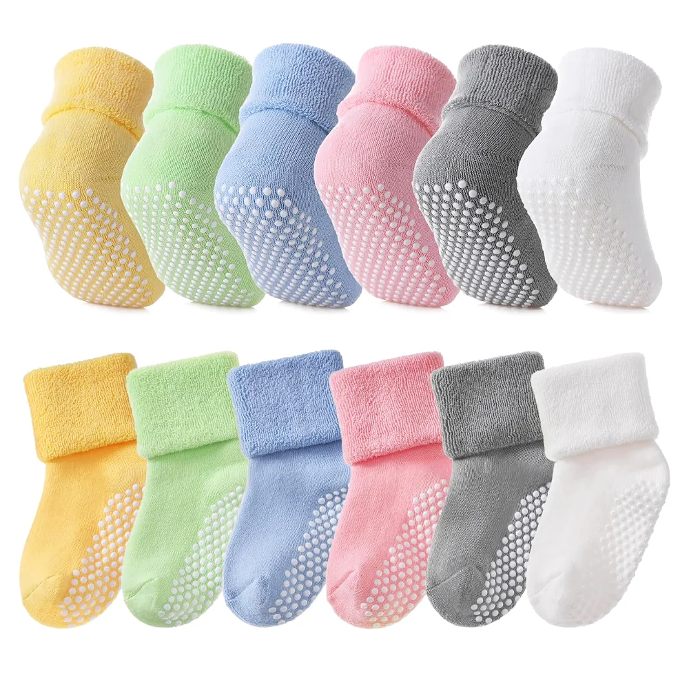 6pcs Baby Boys Girls Grips Socks Infant Toddlers Kids Non Slip Warm Thick Cotton Ankle Crew Socks with Grippers Christmas gift