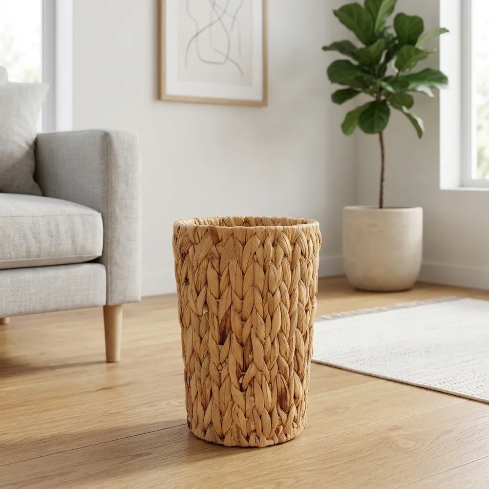 Boho Wicker Trash Can Made from Natural Water Hyacinth for Home Office Bathroom Bedroom Decorative Waste Basket