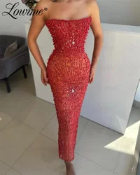 Haute Couture Full Beaded Red Evening Dresses Strapless Handmade Crystals Arabic Formal Occasion Party Dress Robes De Soirée