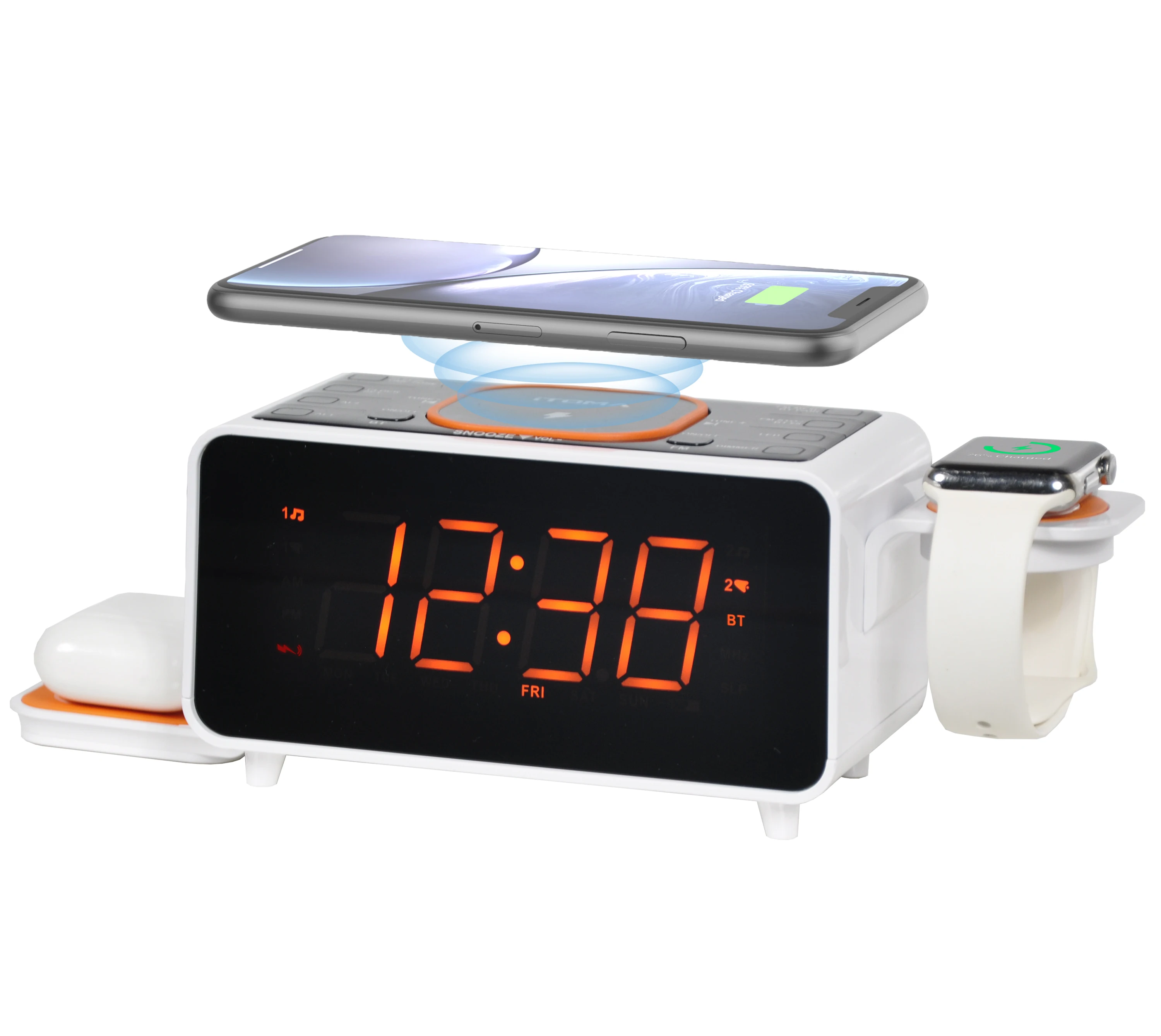 Radio Reloj Despertador de Cabecera: Pantalla Naranja de 1.4 Pulgadas, Control por Aplicación, Carga Inalámbrica Dual, Altavoz Bluetooth, Radio FM, 2 Puertos USB