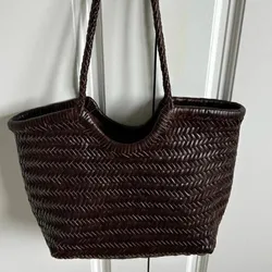 France Flower basket Handbags Women's Genuine Leather Shoulder Bag Weaving Casual Shopping Bag Vintage Big Tote Purse