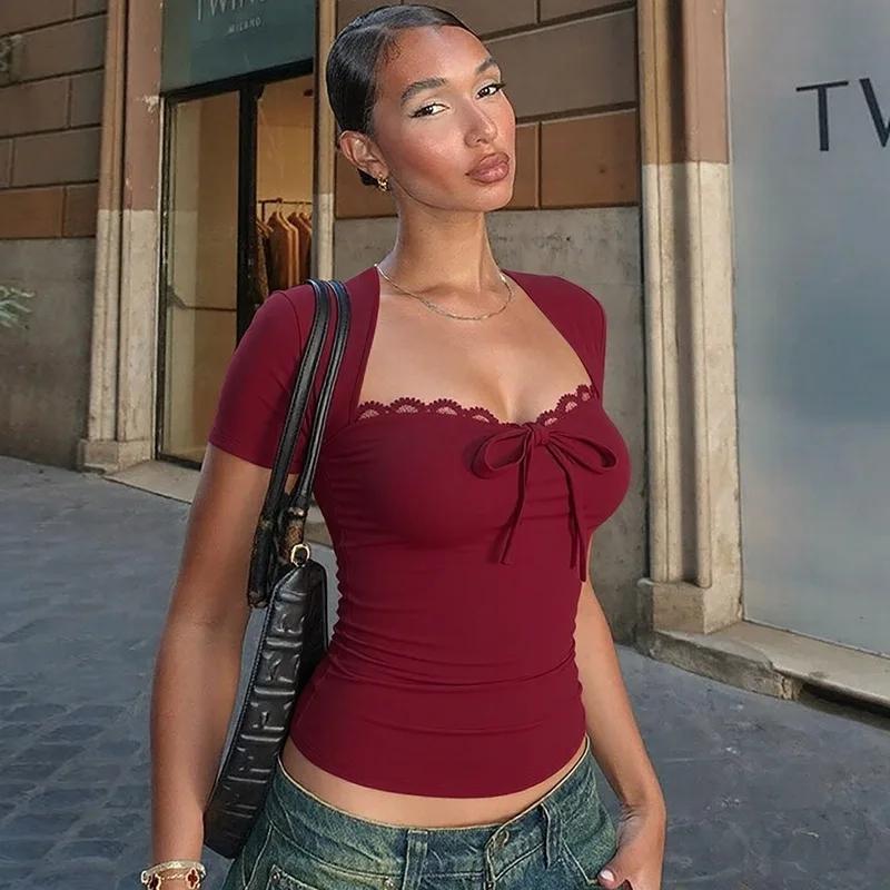 

Tornova Fashion Lace Short Sleeve T shirt 2026 Summer New Sexy Plunge Hot Girl Top Slim Lace Up Club Party T shirt Female Solid