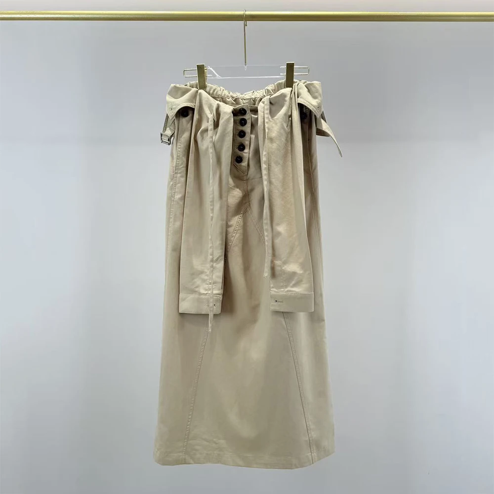 Women 100% Cotton Trench Style Midi Skirt High Waist Drawstring Button Detail Casual A-Line Long Skirt with Pockets 2026 New Y2k