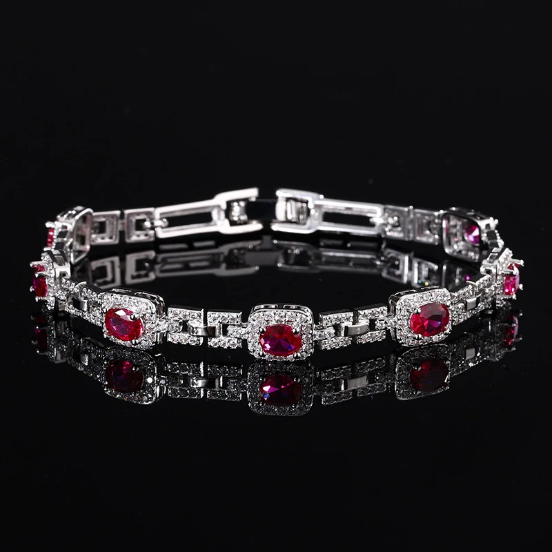 Gold-plated copper zircon ruby sapphire full-diamond square gemstone bracelet, light luxury fashion, in-stock wholesale and cust
