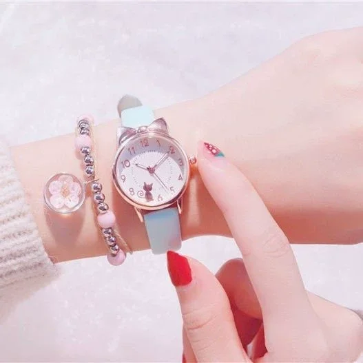 Women's Watch, Cute Cat Quartz Watch, Simple Hundred Leather Strap