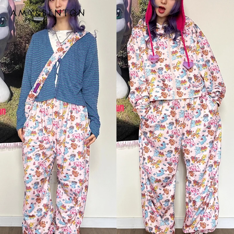 خريف شتاء جديد رقيقة المخملية الحيوان طباعة الوردي فضفاض المرأة Sweatpants الرجعية تصميم الحلو كول تنوعا سراويل تقليدية السيدات