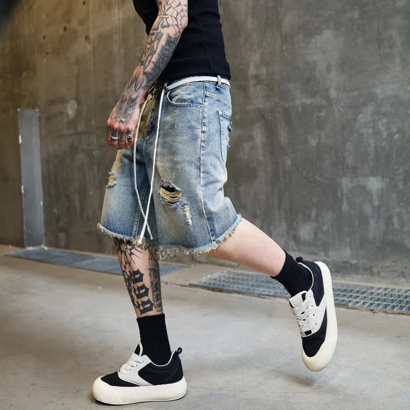 شورت جينز رجالي عالي الشارع مغسول - شورت ممزق بطول الركبة كاجوال بنمط الجرونج ملابس صيفية للشارع