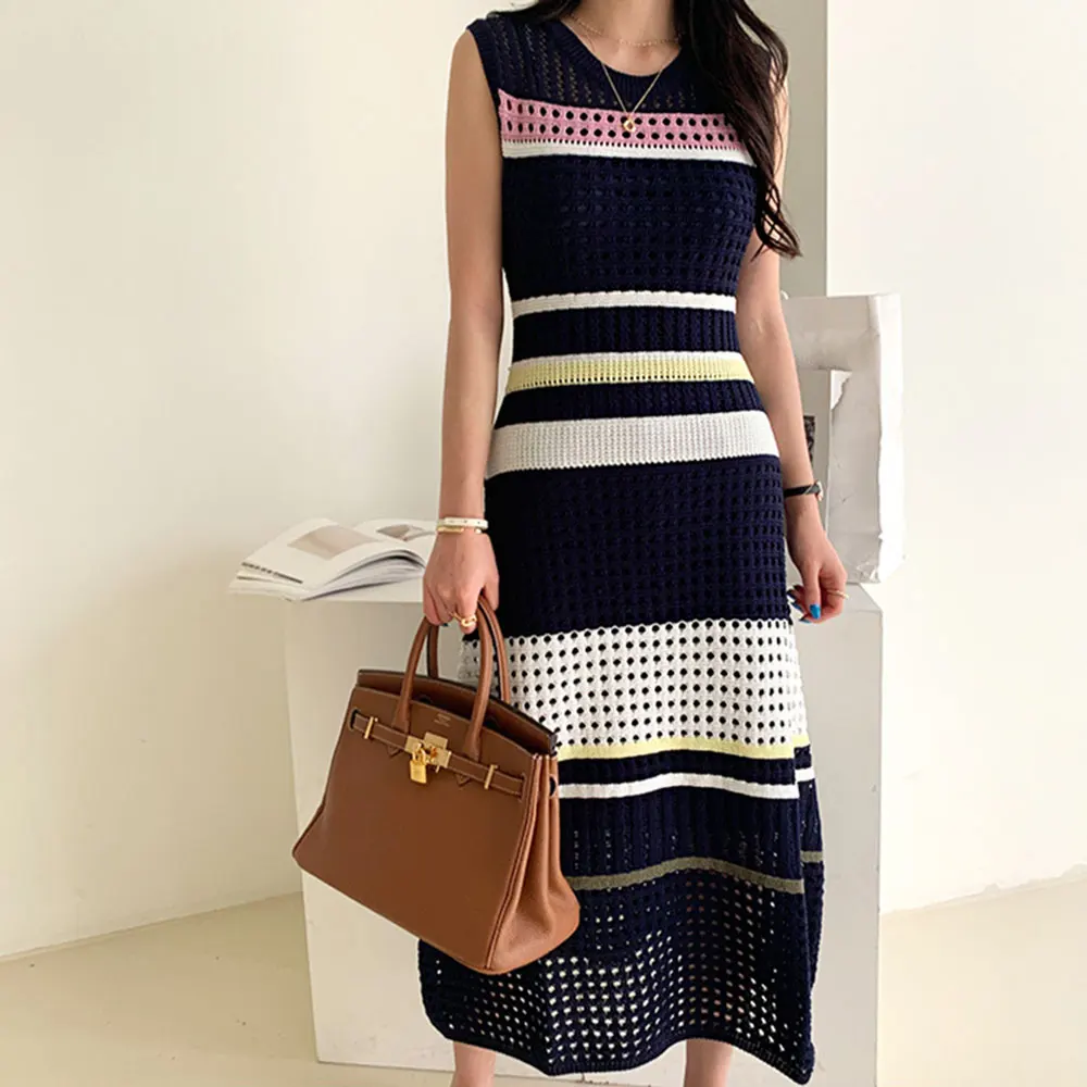 

2023 Summer New Korea Hollow Color Match Thin Knitted Women's Long dress + Halter Dress Two-Piece Set Bohemian Holiday Chic Suit