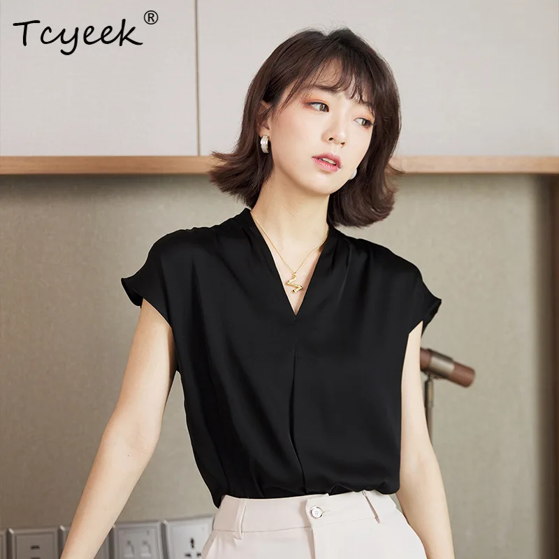 

Tcyeek, 91.7%Natural Silk Elegant T-Shirt, Women Short Sleeve V Neck Solid, Commute Retro Blouse, 2024 Summer Autumn T46053QM