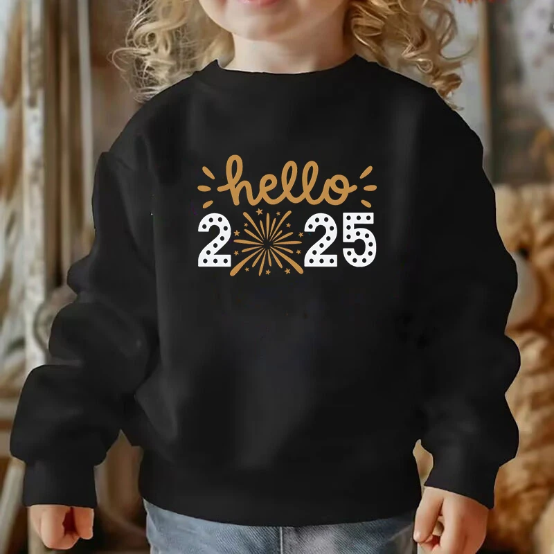 Children's Sweatshirt Hello 2025 Print Boy and Girl Pullover Autumn Long Sleeve Happy New Year Y2K Sudaderas Kids Fashion Hoodie