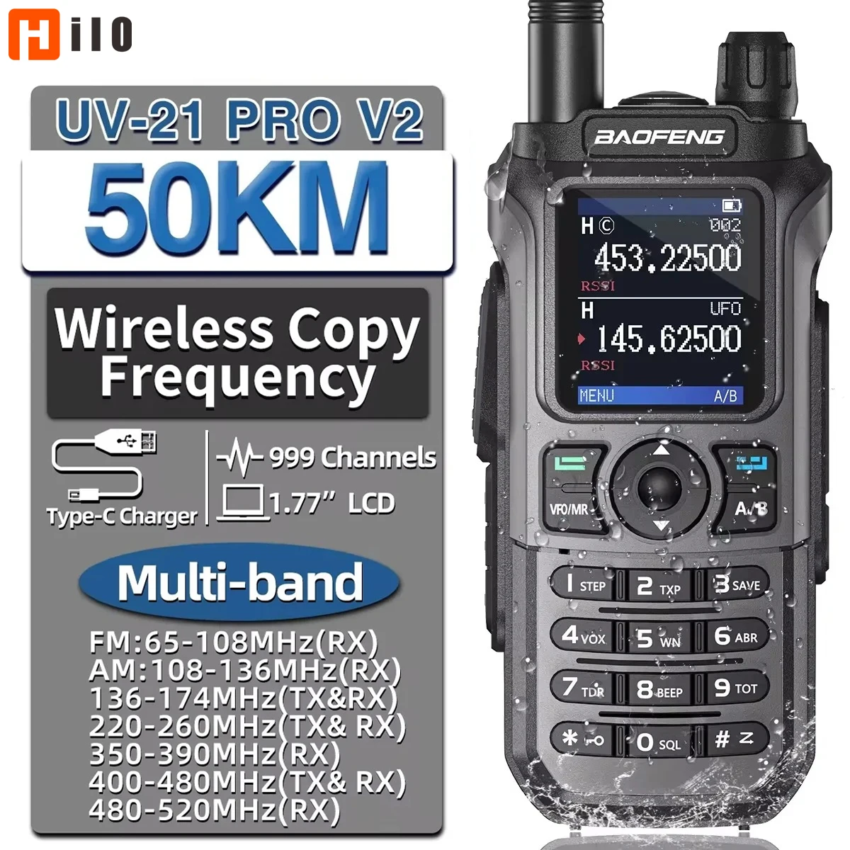 

Hilo UV-21 Pro V2 Wireless Copy Frequency Mutli Band Powerful Waterproof Long Range UV-5R Long Range Type-C Two Way Ham Radio
