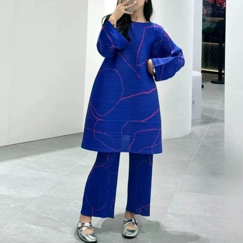 Geplooide lange topjurk voor dames Miyake 2025 herfst beperkte eenvoudige losse rechte broek pak mode commuter Japanse dames