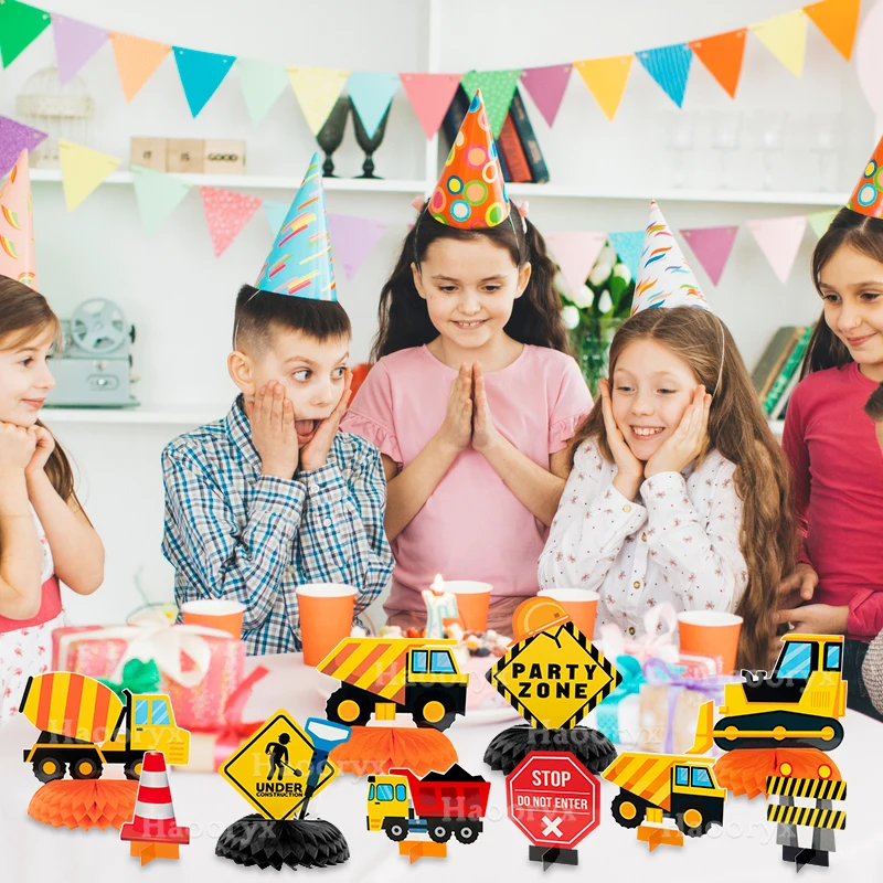 12Pcs/set Construction Theme Honeycomb Centerpieces Forklift Crane Truck Concrete Mixer Stop Table Topper Party Decor for Kids