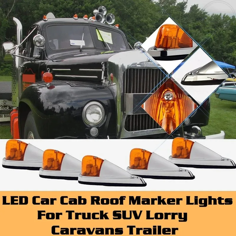 Poer 5PCS 12V Amber Teardrop Cab Light Cab Marker Front Rear Top Clearance Roof Running Light Wiring Pack for Truck Van semis RV