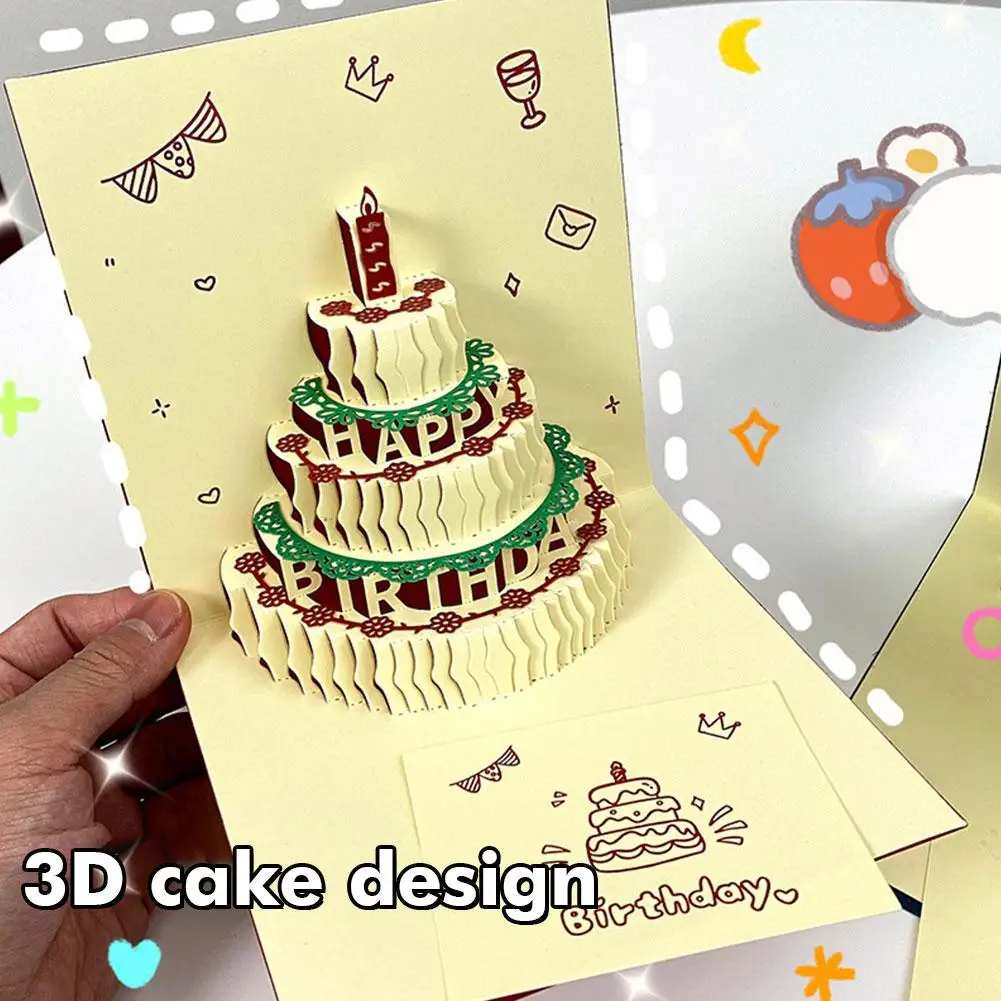 1set Birthday Greeting Card Envelope Small Card 3D Birthday Cake Greeting Card Gift Party Greeting Card