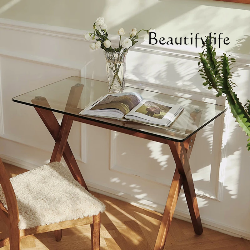مكتب شقة صغير حديث وبسيط من الخشب الصلب، مكتب من الزجاج المقسى، مكتب كمبيوتر منزلي، طاولة واحدة