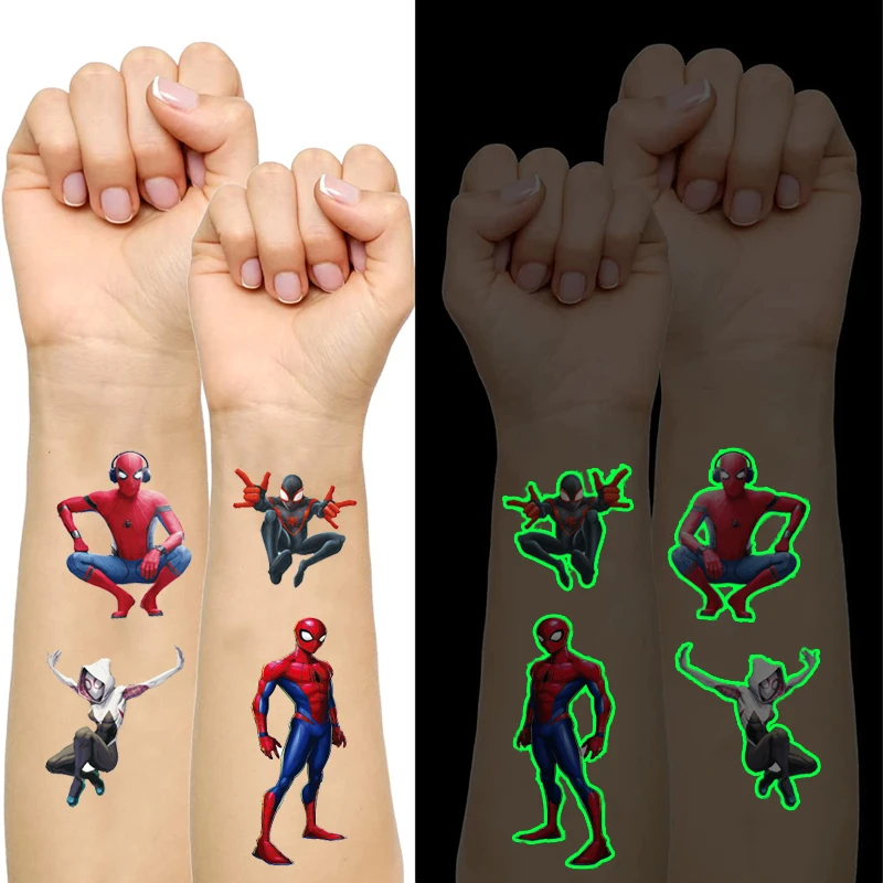 Spiderman Luminous Tattoos for Kids Superhero Styles Temporary Tattoos Stickers Boys Girl Glow Party Supplies Gifts for Children