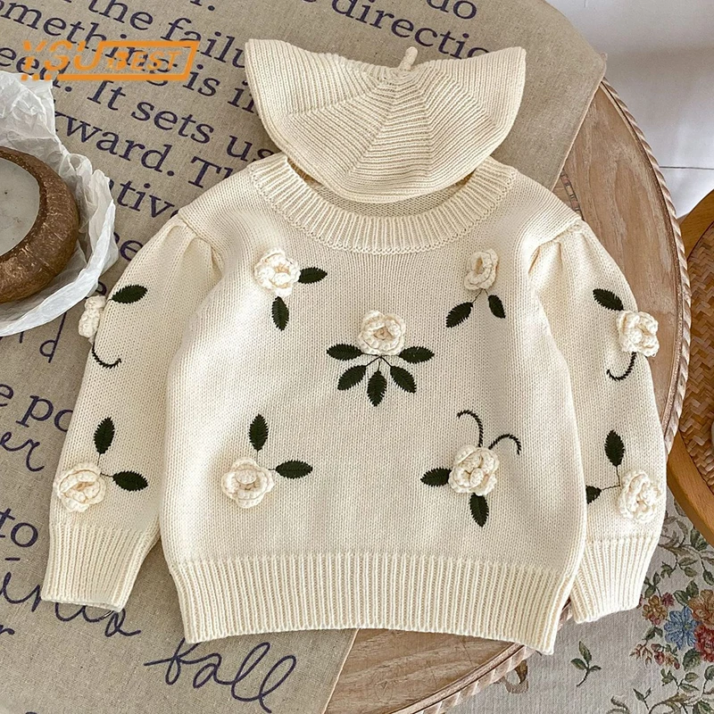 Sweet Baby Girls Sweaters Autumn Kids Baby Girls Long Sleeve Flower Embroidery Knitting Pullovers Children Sweaters