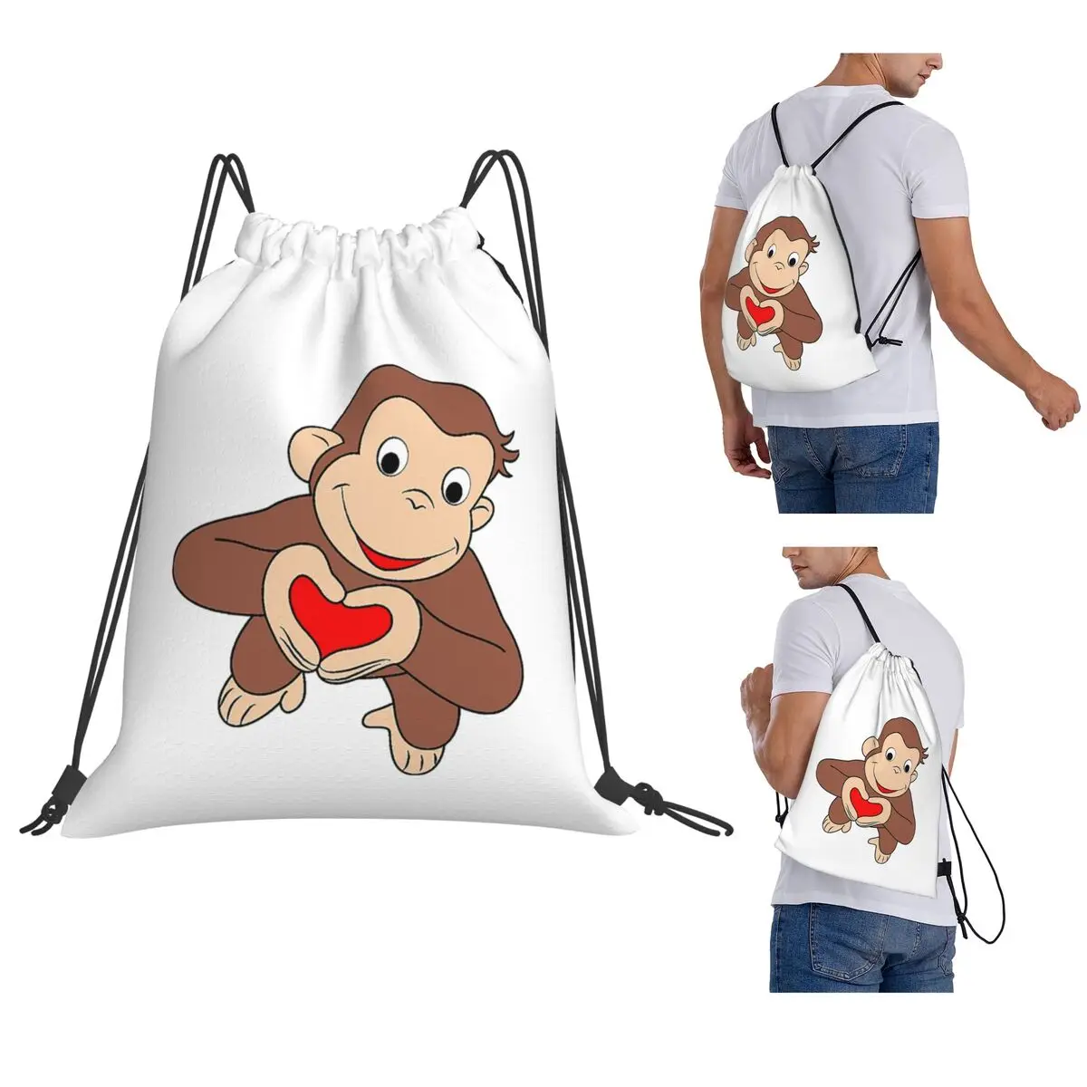 Curious George Is All Heart Backpacks Multi-function Drawstring Bundle Pocket Sports Bag Book Bags for Travel Students