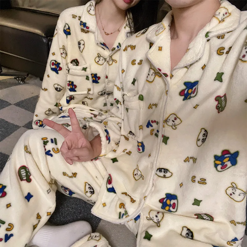 

Crayon Shin-Chan Women's Men Pajamas Set New Winter Cartoon Casual Lapel Velvet Warm Pajama Couple Anime Coral Fleece Homewear