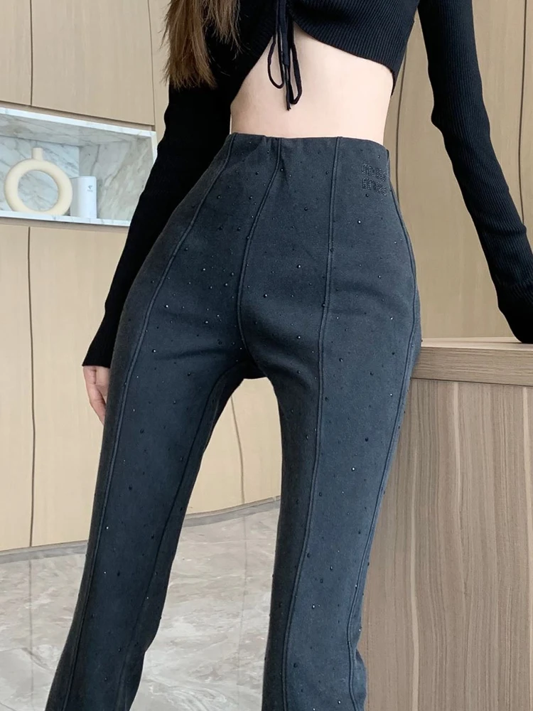 

Hot diamond micro pants for women 2023 New autumn winter high waist slim and versatile Casual Floor Flared Pants