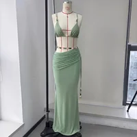 Beads 3Pcs Green Bikini Sexy Women Bandeau Biquini Female Swimsuit Push Up Swimwear Mesh Skirt Bathing Suits Cover Up Beachwear 5