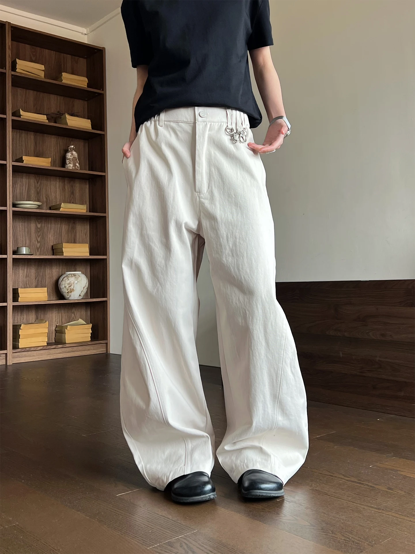 

New Arrival Casual Wide Leg Pants Micro Bent Knife Workwear Trousers Long Pants l Waist Button Cotton ex