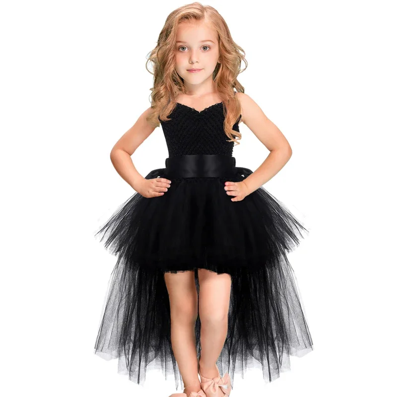 Black girls tutu dress tulle V-neck train girl evening party dresses kids girl ball gown Halloween dress 1-14yy