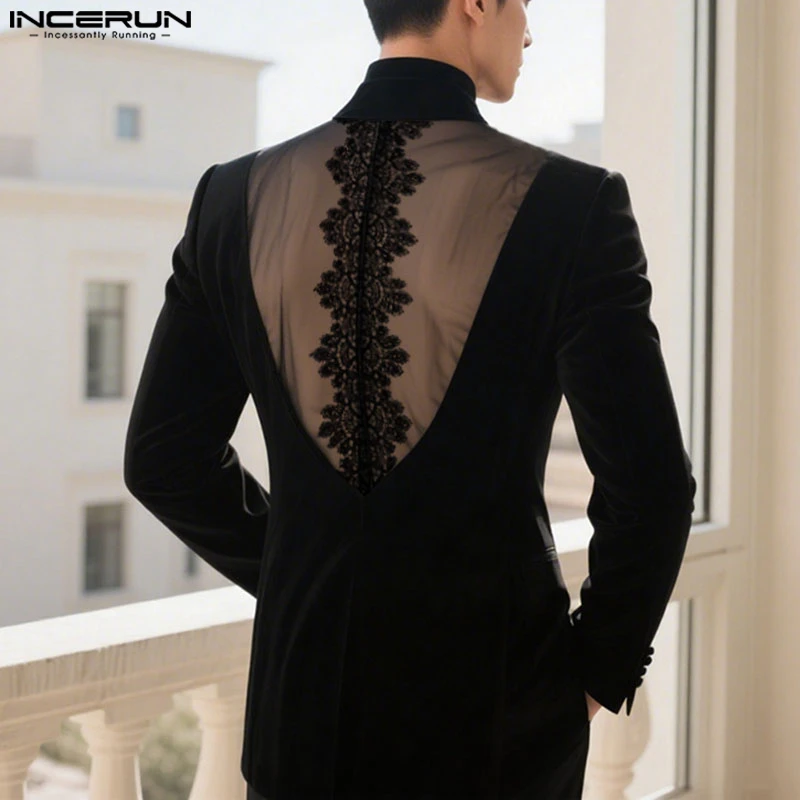 

INCERUN Men Blazer Mesh Lace Patchwork Lapel Long Sleeve Back See Through Male Suits Streetwear Autumn 2025 Fashion Thin Coats