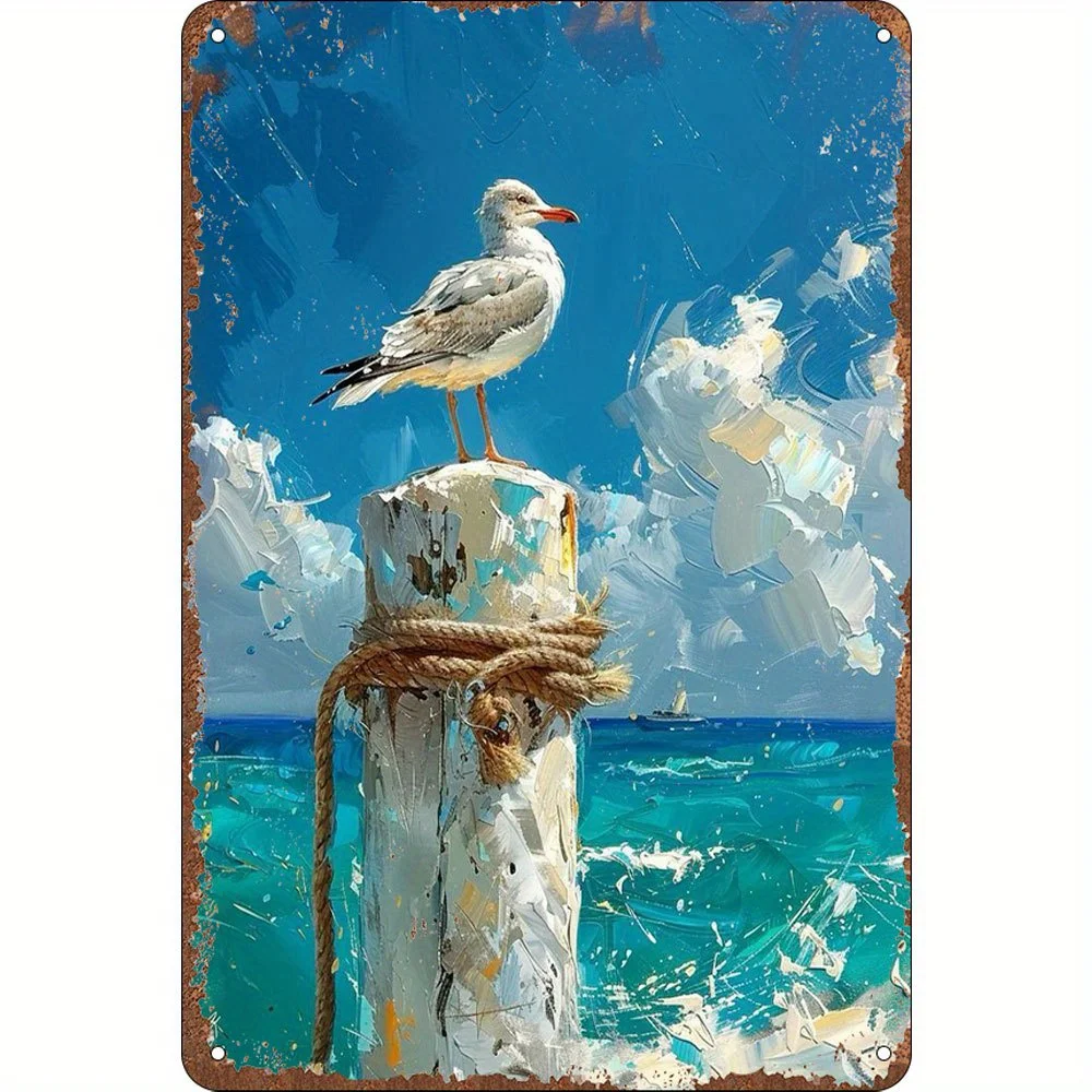 

8x12 Inch Metal Sign - Coastal Seagull & Pier Wall Art, Distressed Finish, Rustic Nautical Decor for Home, Cafe, Beach House