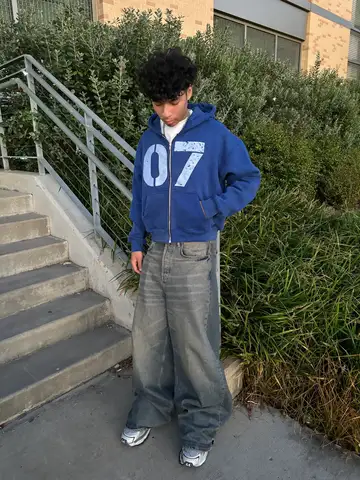 Blue 07 Hoodie Suit Y2k Drawstring Sports Pants Zipper  Hip Hop Harajuku Couple Sweatpants High Street Retro Striped Embroidery