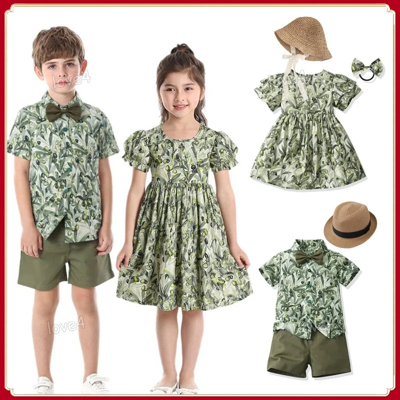 

Hawaiian Boys Clothes for Kids Girls Clothes Sister Brother Matching Outfit Floral Blouse Shorts Suits Set Fashion Girls Dress