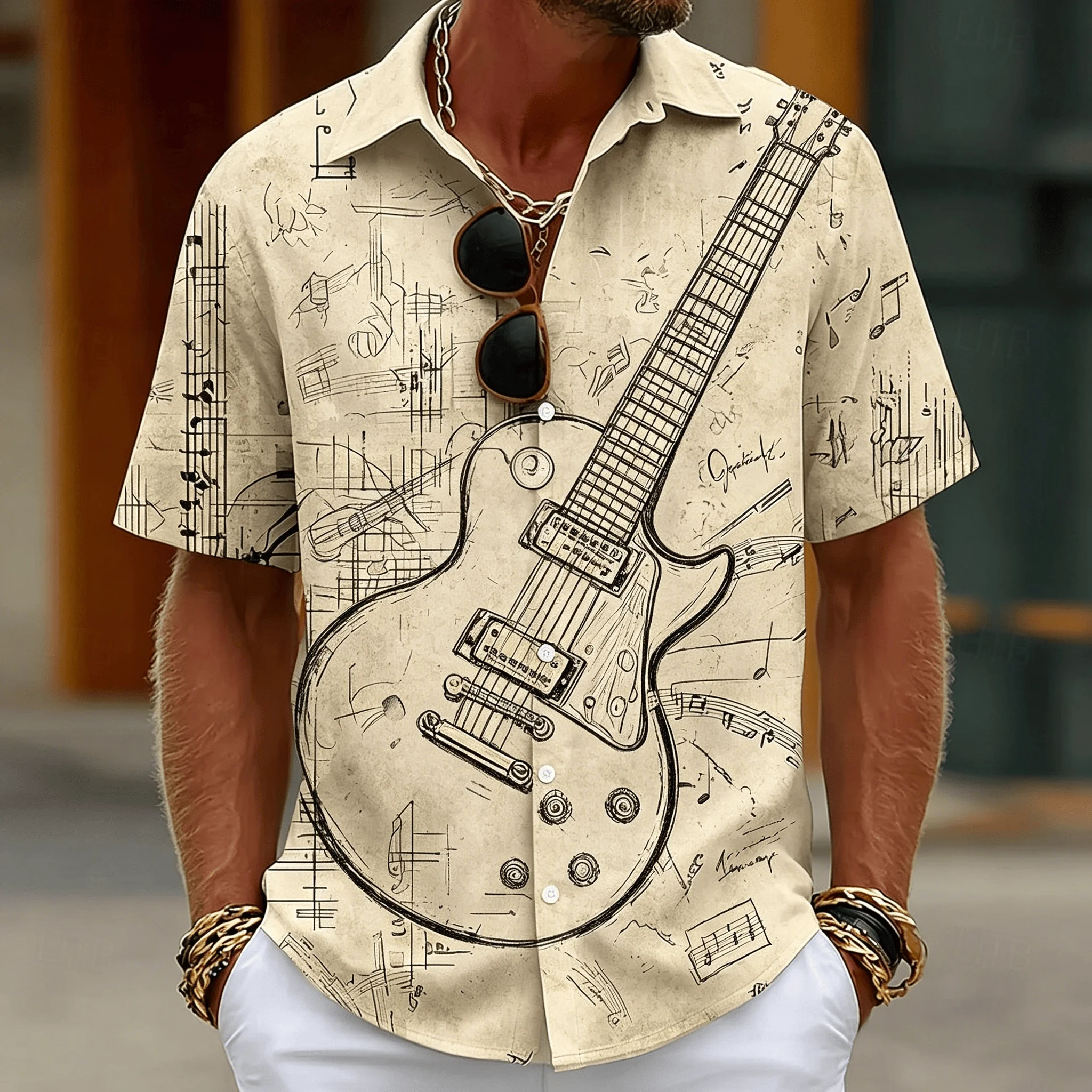 

Men's Vintage Sketch Guitar Print Shirt, Music Note Design, Casual Summer Style