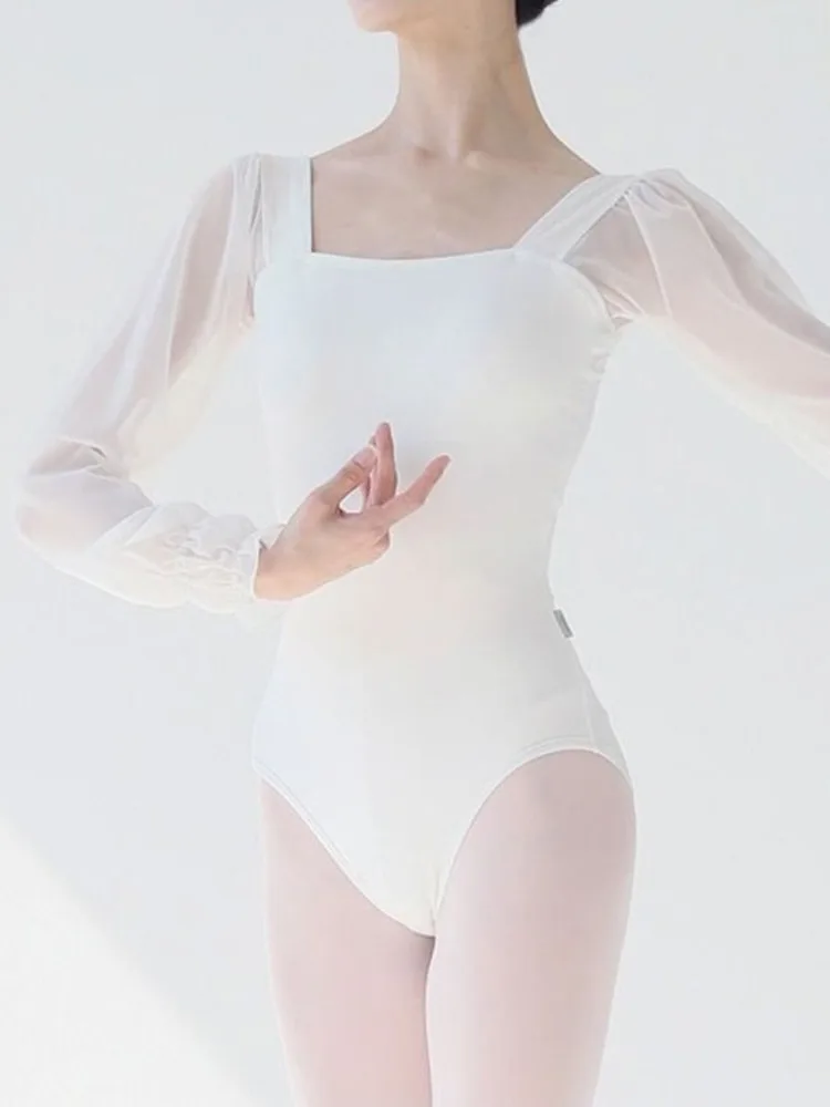 Mesh Patchwork Square Neck Slim Romper with Lantern Sleeves, Ballet Dance Bodysuit for Women, Stage Performance