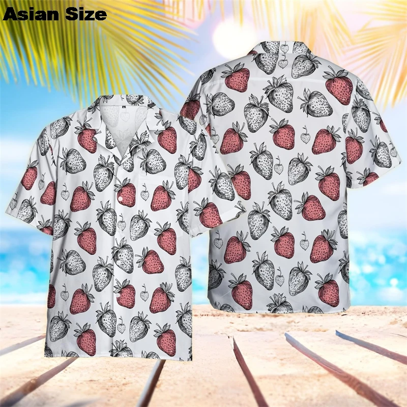 2025 Summer Beach Women Shirt Harajuku Kawaii Girl Fruit Blouse Cute Strawberry Printed Short Sleeve Blusa Female Hawaii Boy Top