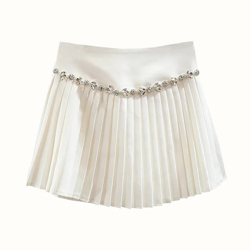 Exquisite Rhinestone Chain Short A- Line Anti-Exposure Pleated Skirt Women's Korean Fshion High Waist Slimming All-Match Skirt