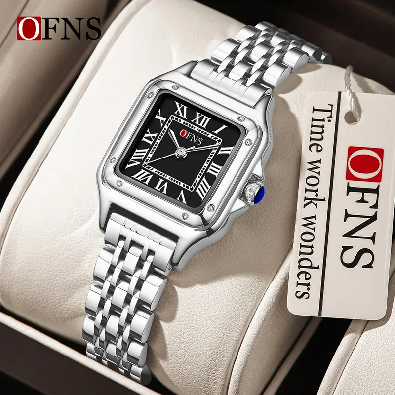 OFNS Square Couple Quartz Watch Roman Scale 3ATM Waterproof Steel Belt Watch Simple and Elegant Confession Commemorative Gift