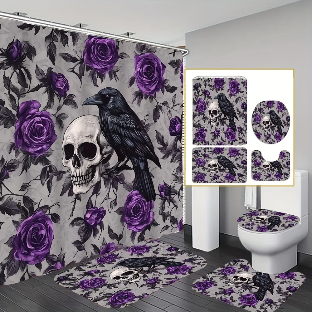 

Gothic Bathroom Set - Skull, Raven & Rose Shower Curtain, Toilet Cover & Mats, Dark Elegant Decor, Waterproof Halloween Gift"