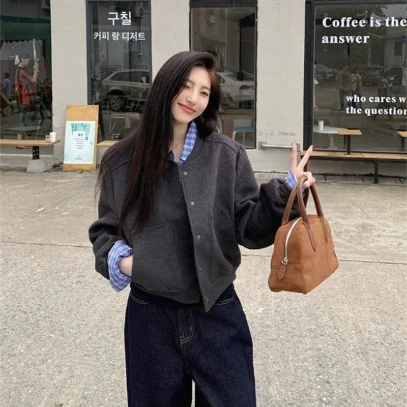 Women American Style Cropped Bomber Jacket Gray Loose Snap Button Casual Fall Fashion Versatile Outerwear