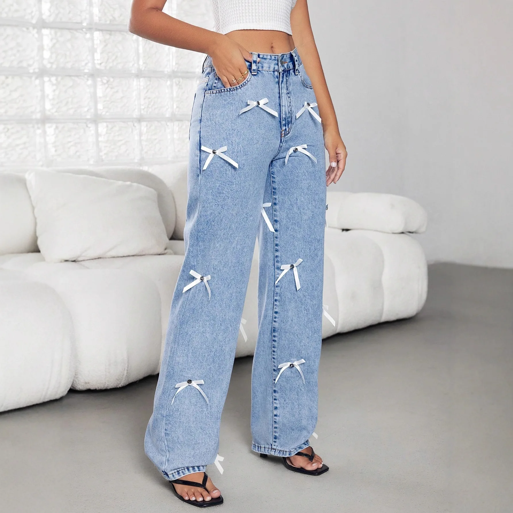 Denim Pants Women Bow Print Jeans High Waist Washed Distressed Straight Trousers Vintage Floor Length Streetwear Wide Leg Pants