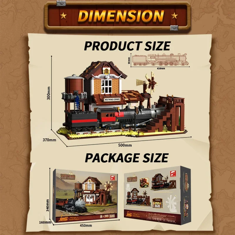 3885PCS 서부 철도역 빌딩 블록 증기 기관차 도시 거리 풍경 모델 브릭 어린이 교육용 DIY 장난감 휴일 선물