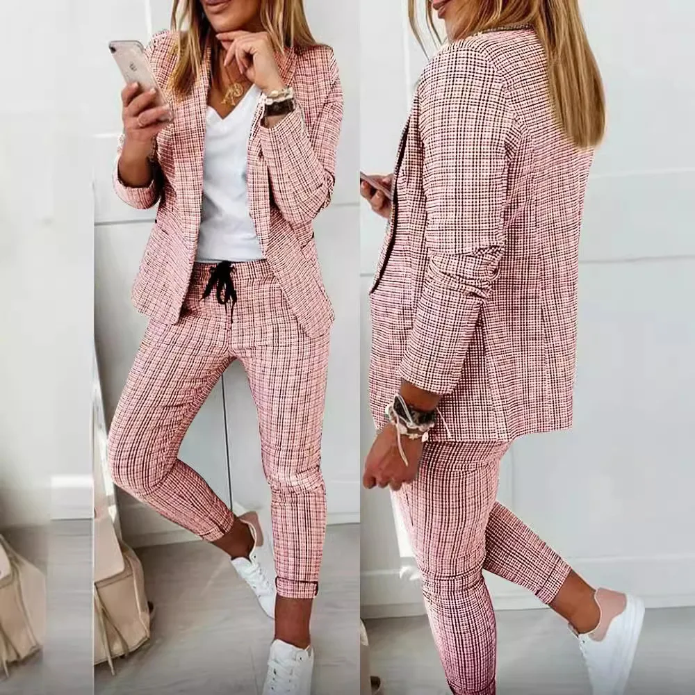 Casual Plaid Print Blazers And Pants Two Piece Sets Women Fashion Lace Up Pencil Pants Sets Autumn Winter Suits Coats Outfits