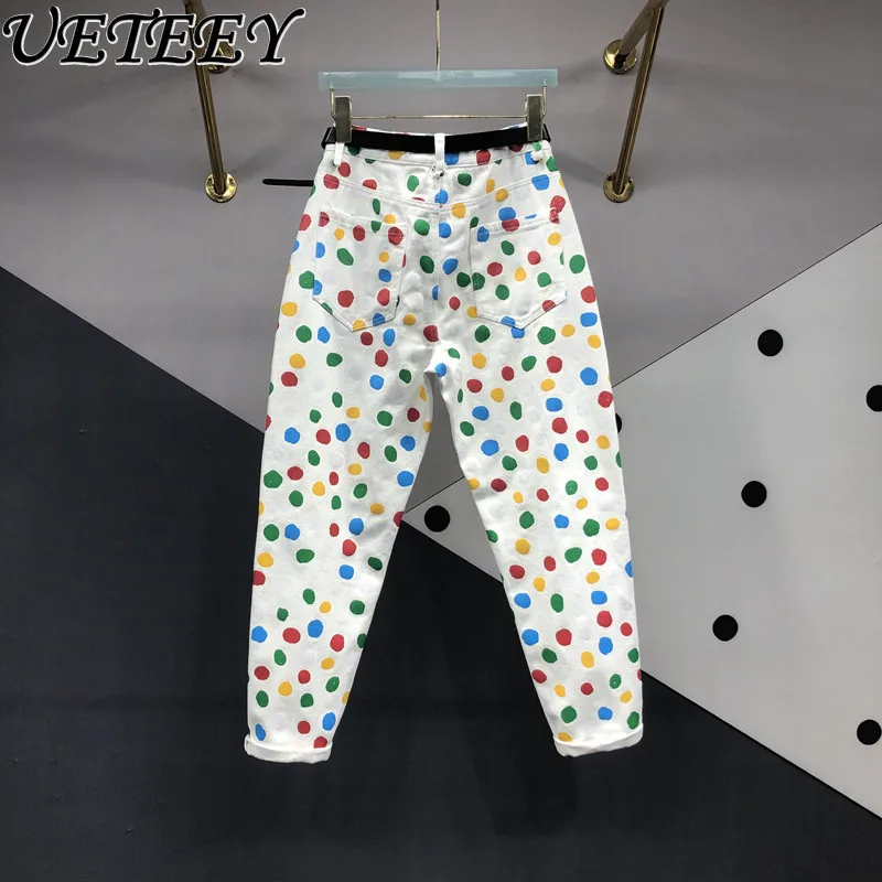 Women's Colorful Polka Dot Jeans European Goods Spring Autumn New Versatile Trousers High Waist Slimming Harem Denim Pants