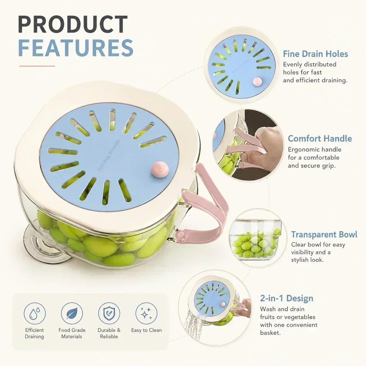 2-in-1 Colander Bowl Set, Double Layer Vegetable Fruit Washing Basin with Drain Basket and Lid, Kitchen Storage 8.
