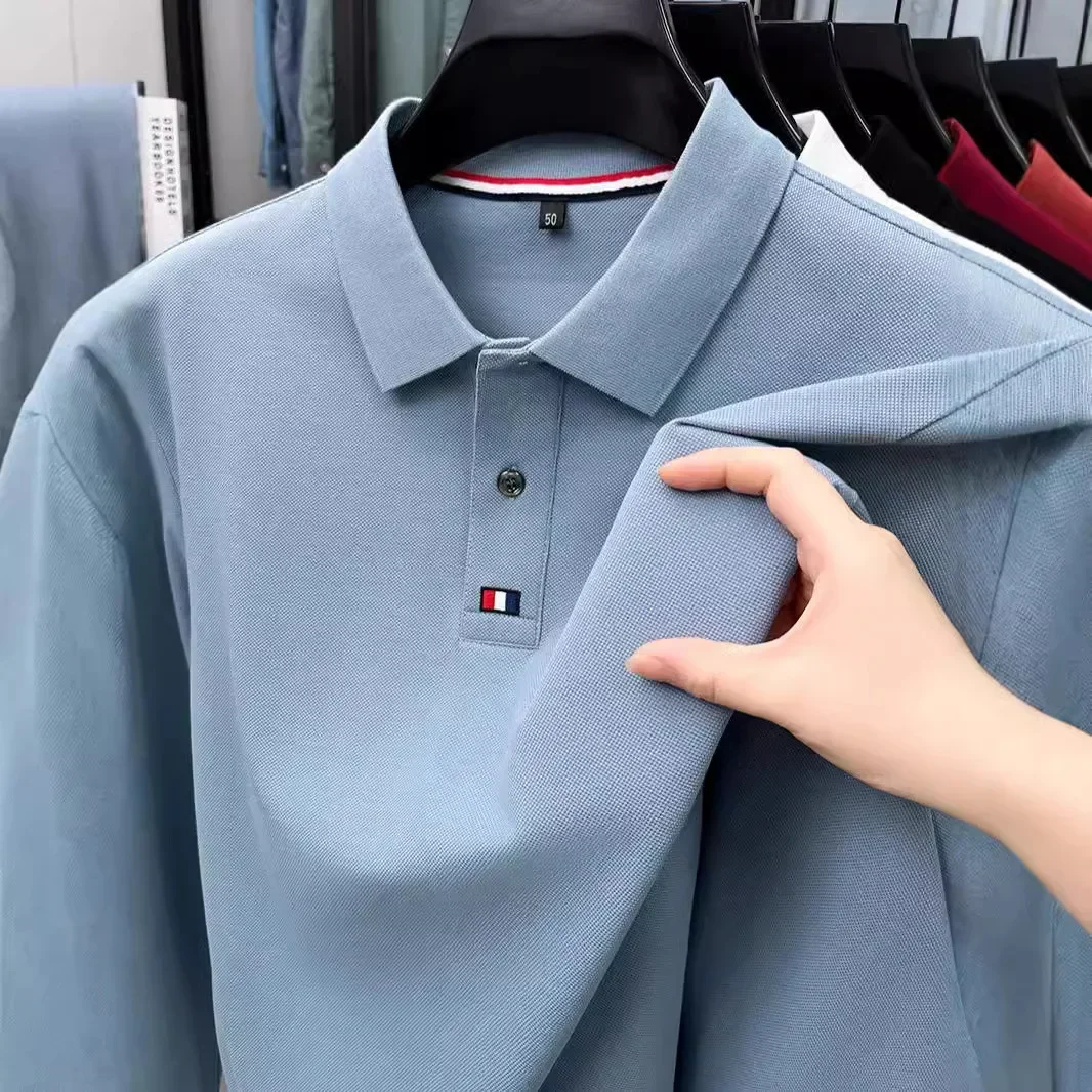 Collar T-shirt for men, long sleeved, autumn, middle-aged, business, pure cotton, casual polo shirt, top for men