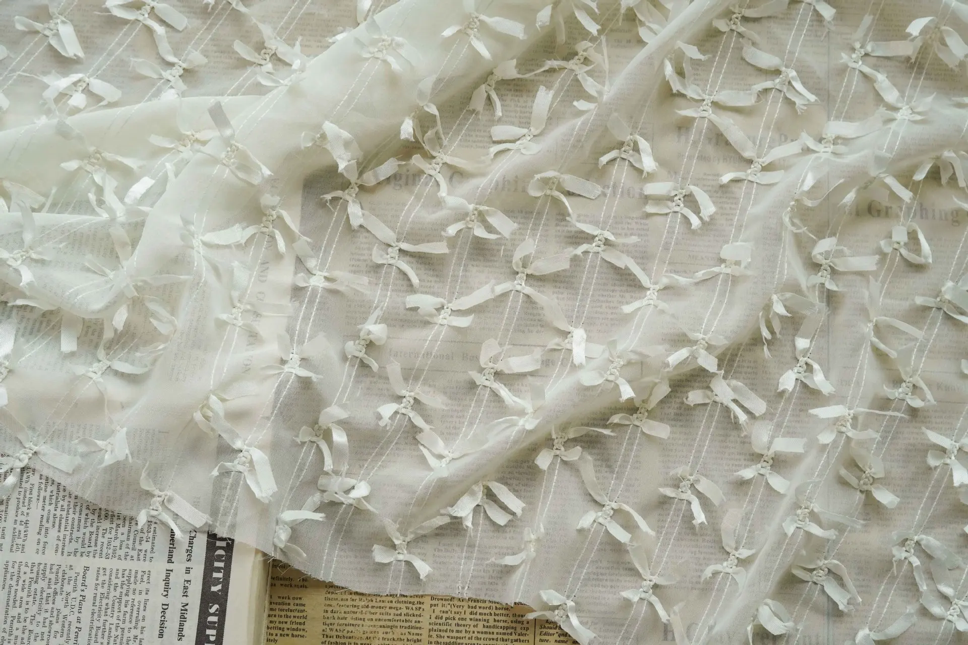 Colorful Sheer Chiffon Fabric with Embroidered Butterfly Knots for Dressmaking By The Meter