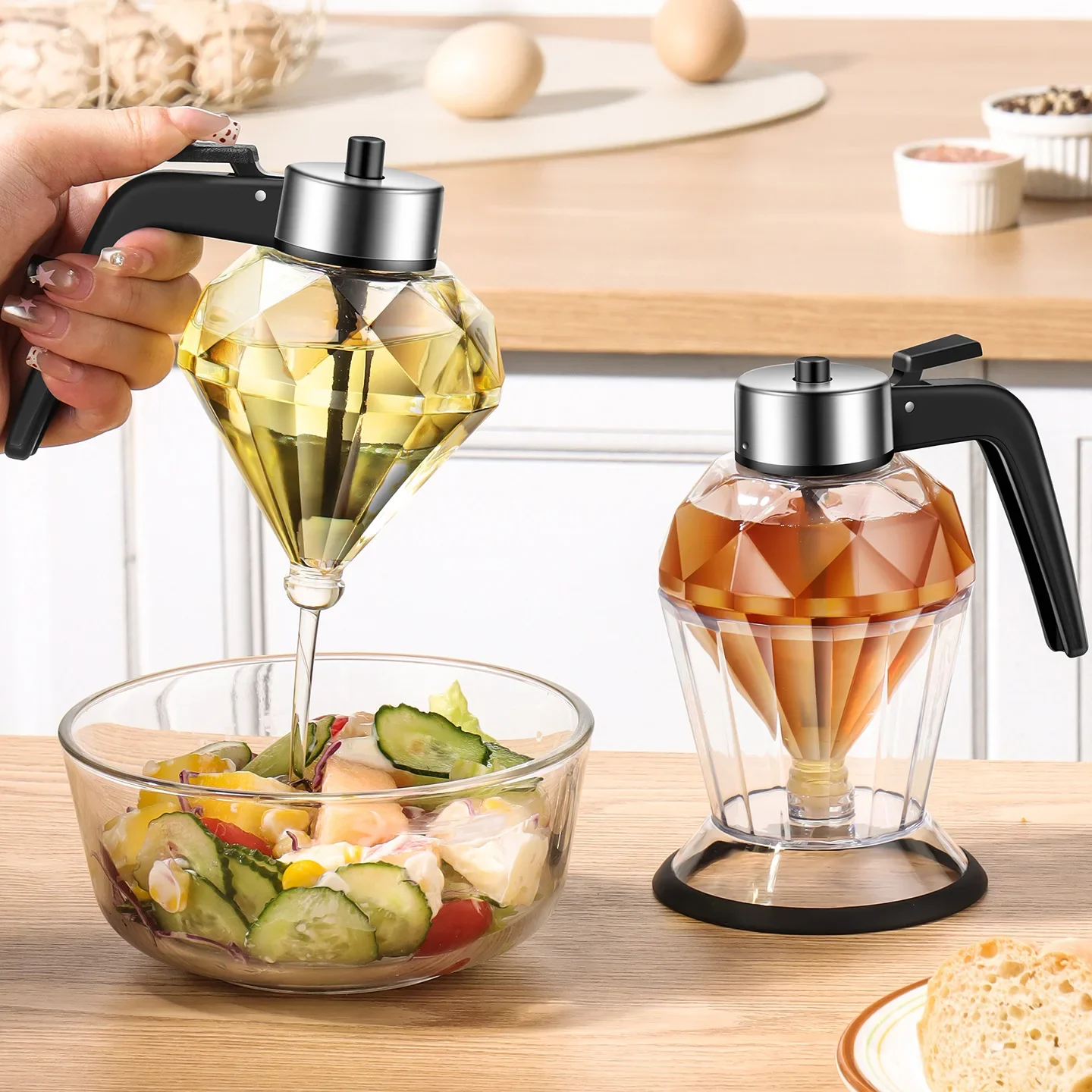Press-type honey jar, squeeze sauce bottle, glass sealed jar, funnel jar, syrup pot sprinkler with base