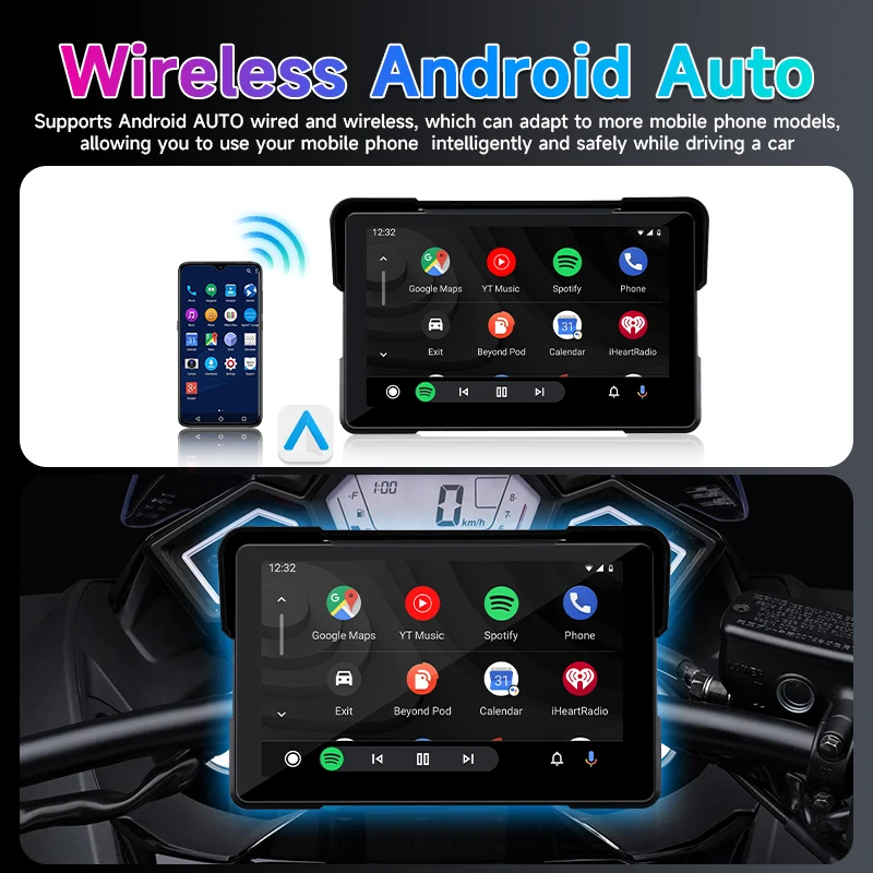 Srnubi-دراجات نارية محمولة سيارة لاسلكية ، مشغل ذكي أندرويد أتوماتيكي 2K ، نظام تحديد المواقع والملاحة ، TPMS ، WIFI ، IP67 ، DVR ، نفسجي"