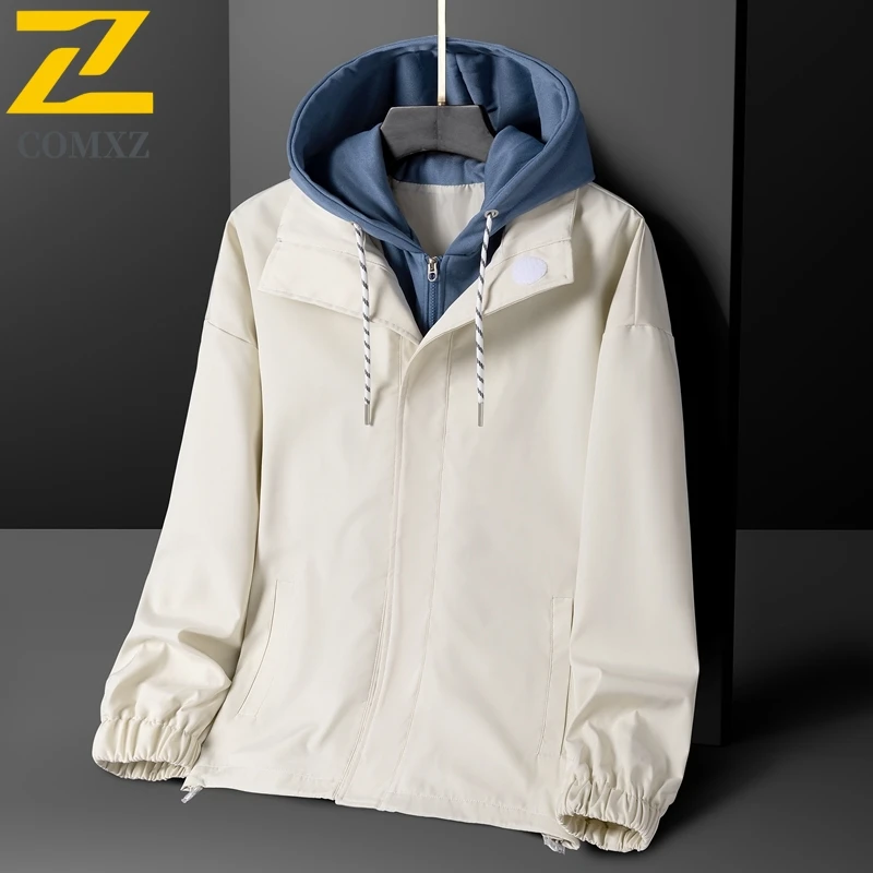 2025 جديد الرجال سترة غير رسمية ربيع الخريف موضة تنوعا يندبروف تنفس وهمية قطعتين معطف مقنع الشارع السفر سترة