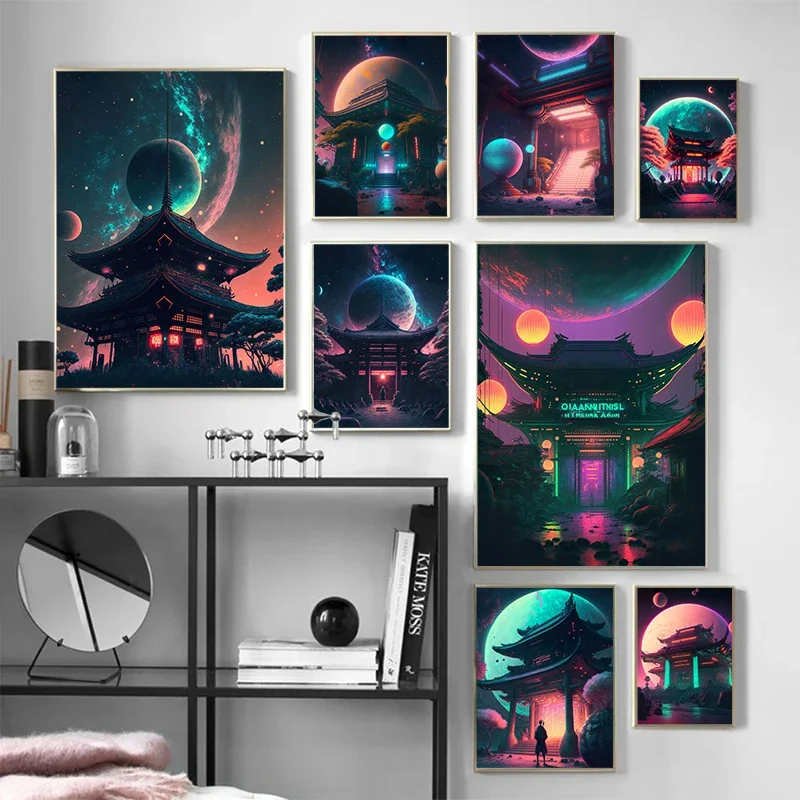 Abstract Cyberpunk Temple Painting Canvas Poster Traditional Architecture Wall Art Picture for Living Room Bar Modern Home Decor